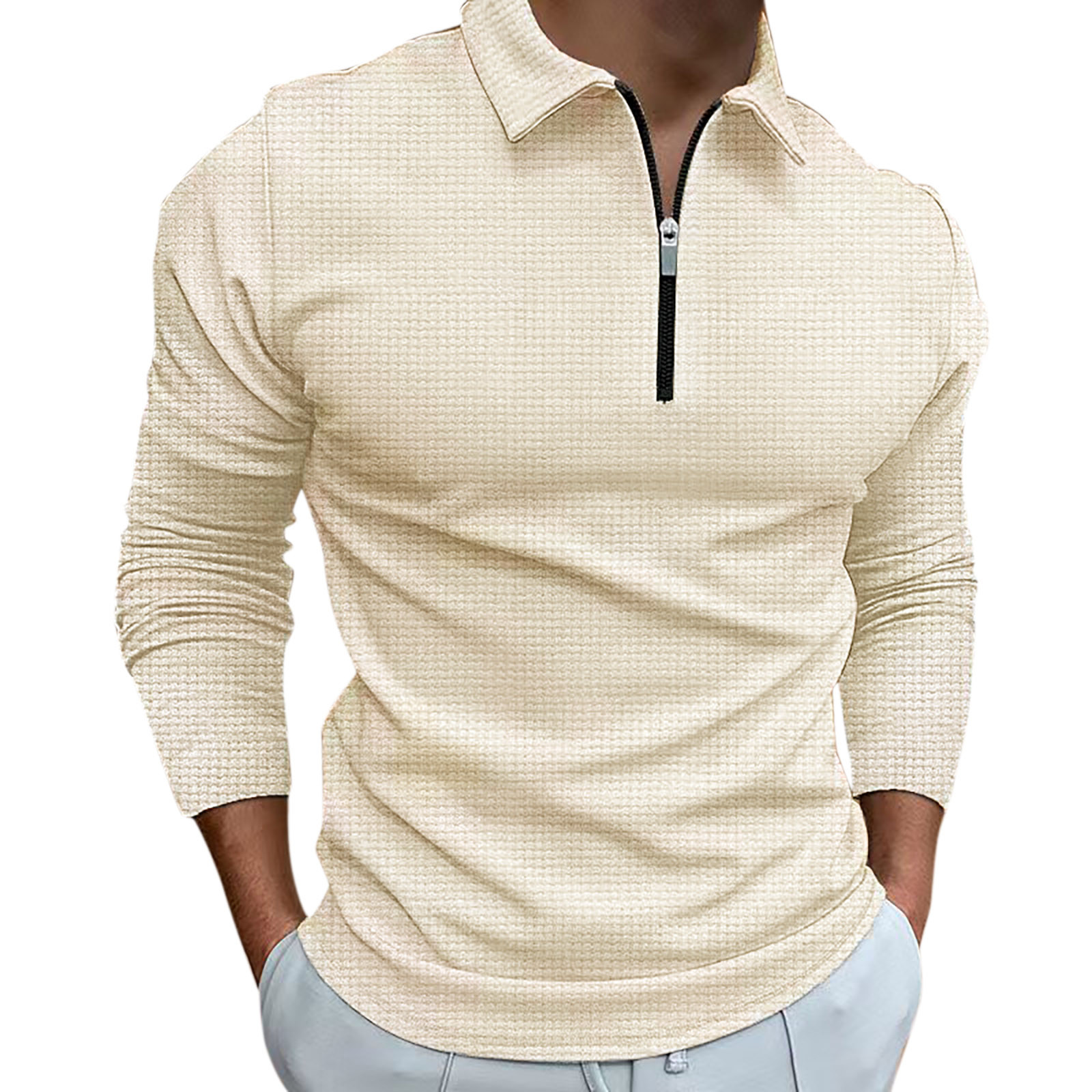 Camisa informal de manga larga para hombre: cuello vuelto, detalle de cremallera, color liso, poliéster, oficina/ocio, tallas 10-20 (EE. UU.)